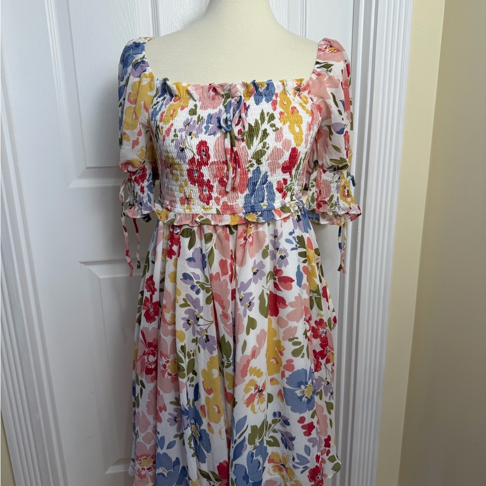 En Saison Floral Smocked Square Neck Dress in Multicolor
